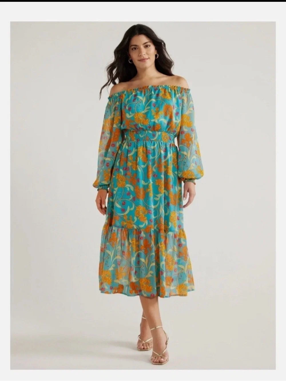 SOFIA JEANS Sofia Vergara XS Off The Shoulder Midi Dress Teal Floral Boho Chic